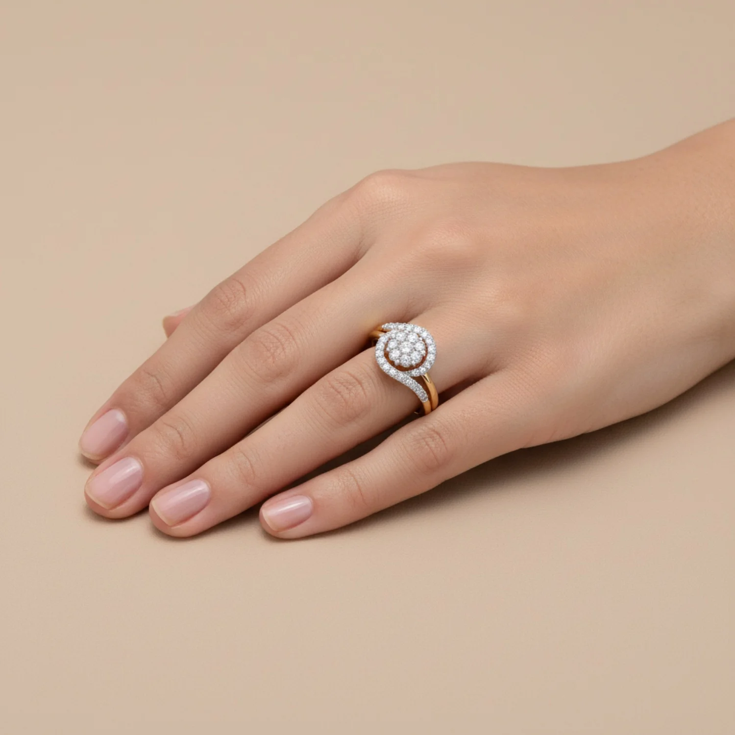 Close-up of a diamond cocktail ring on a hand