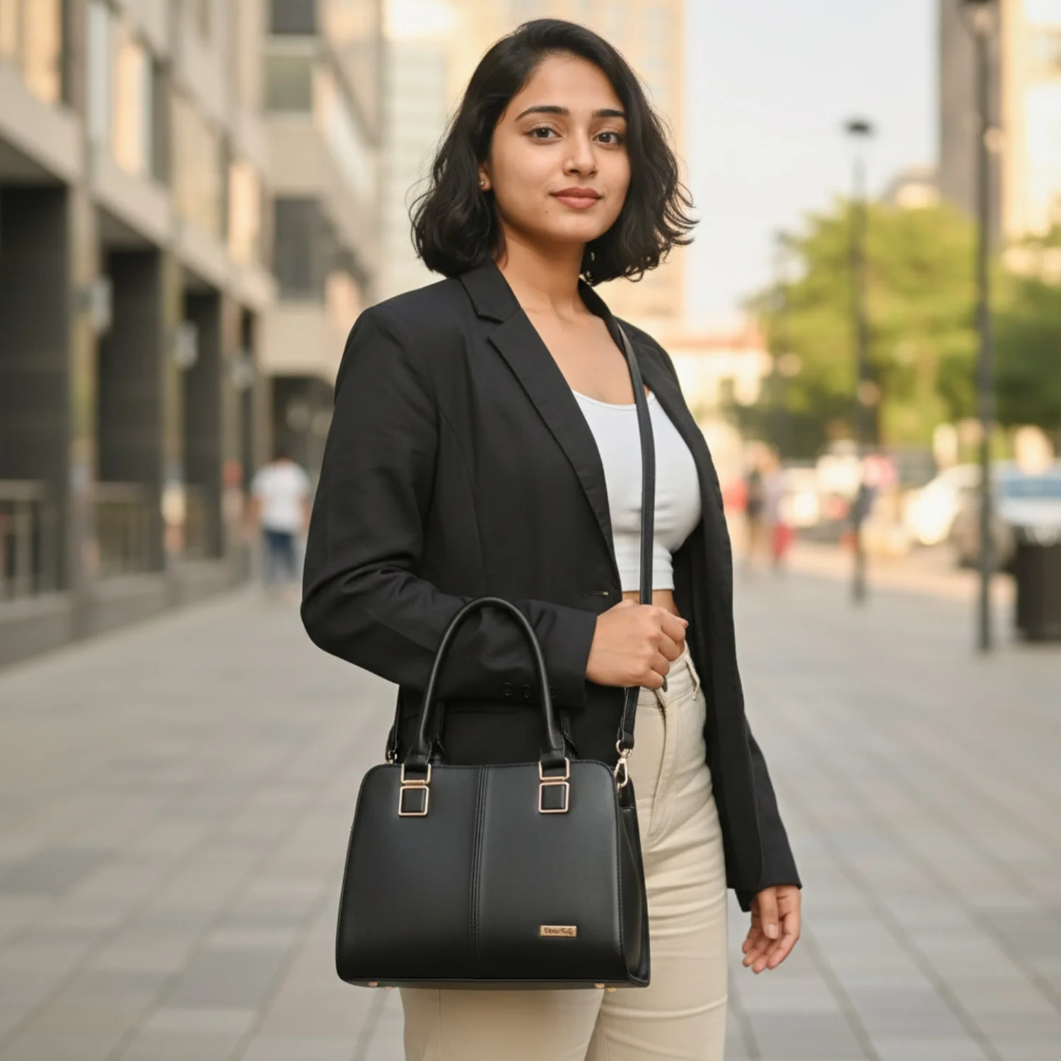 AI model with handbag lifestyle shot